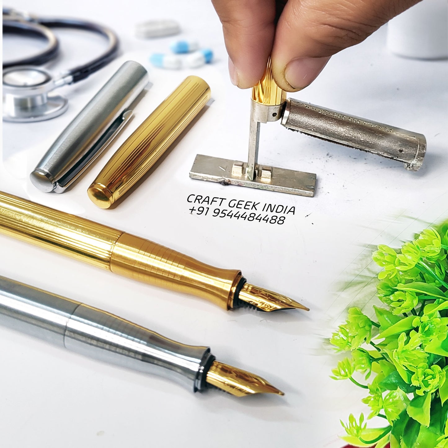 Fountain Pen Stamp / Fountain Pen with Pre Ink Stamp - Silver